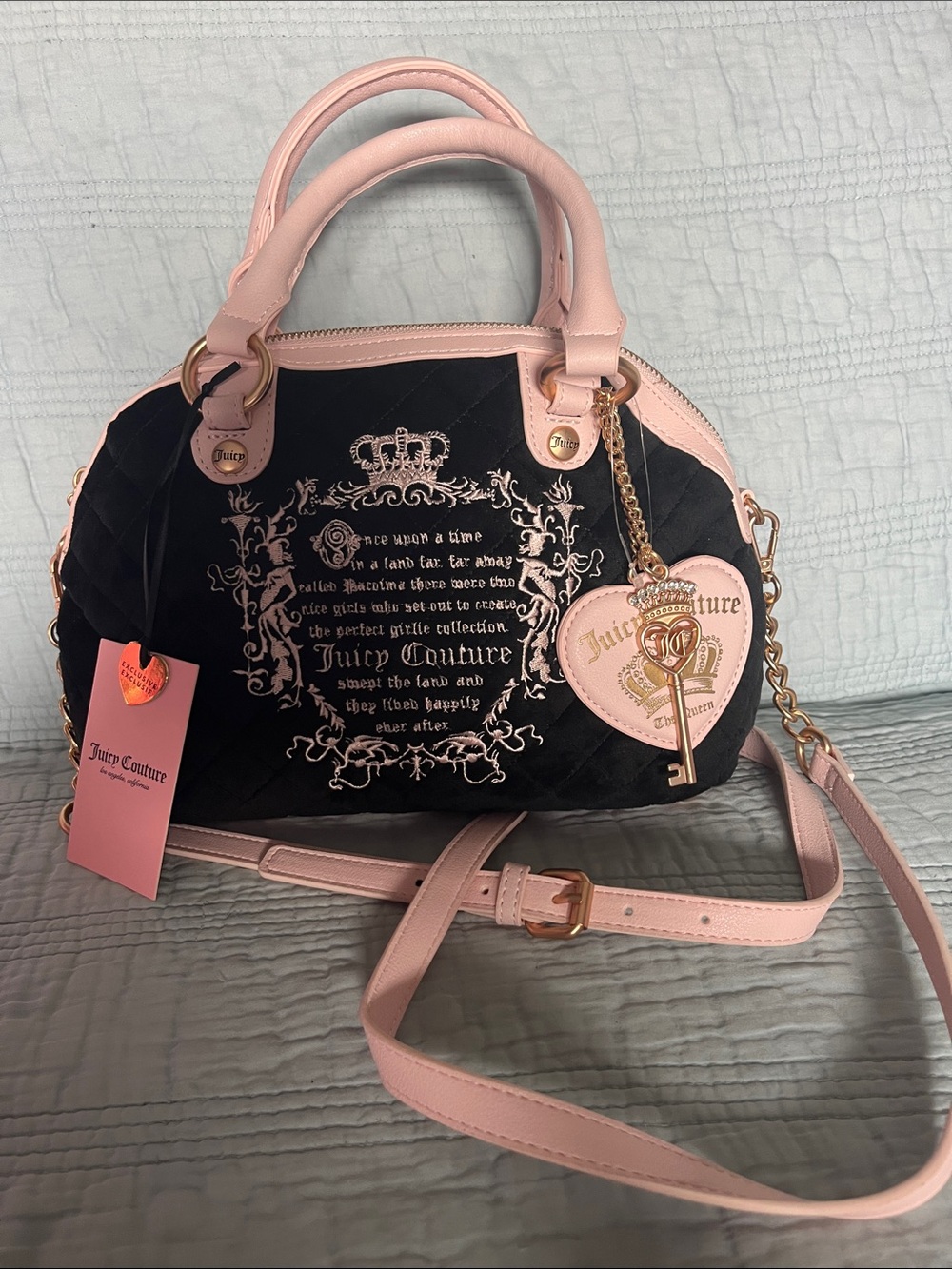 Exclusive Juicy Couture Black and Pink Quilted Satchel with Heart Key Charm